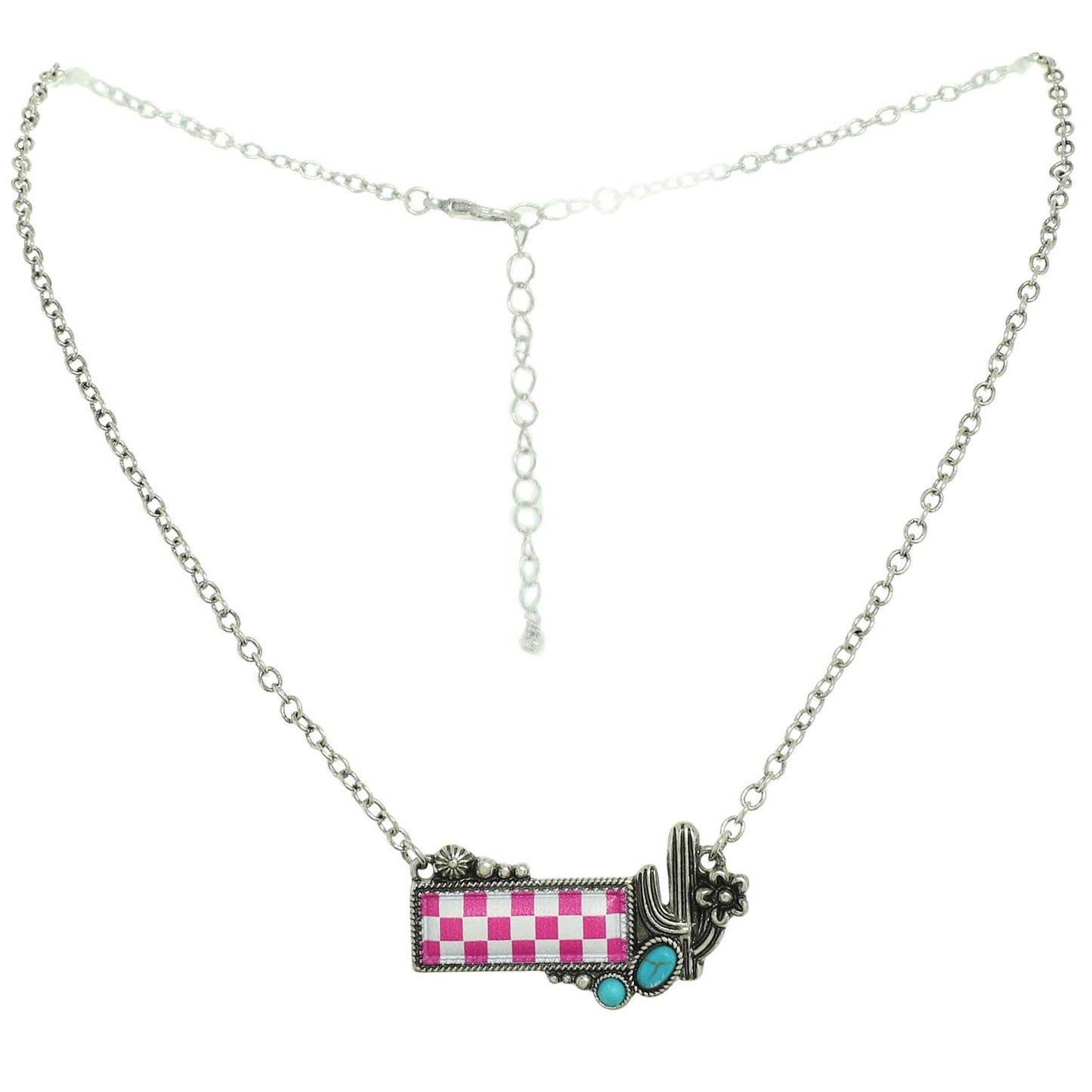 Western Checkerboard Cactus Pendant Necklace