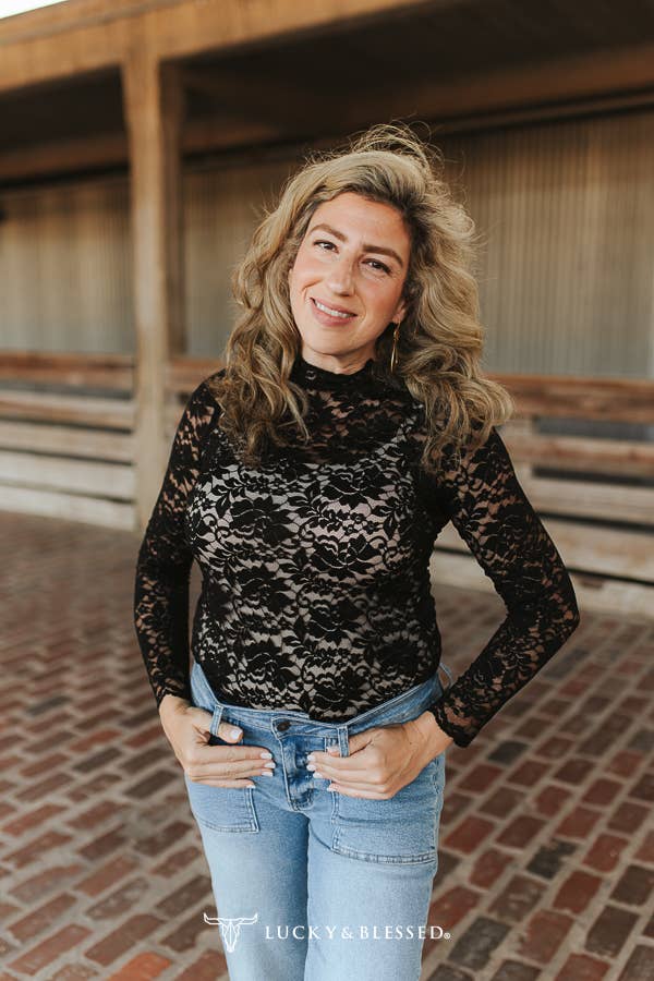 Black Floral Lace Mock Neck Long Sleeve Top