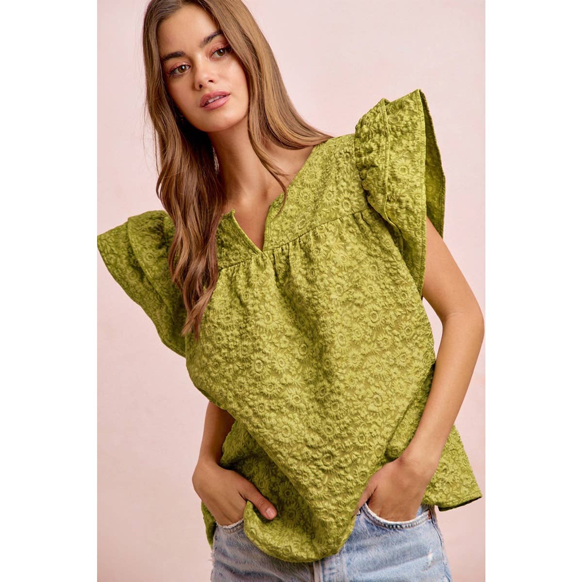 FLOWER JACQUARD RUFFLED NECK DROP BLOUSE TOP