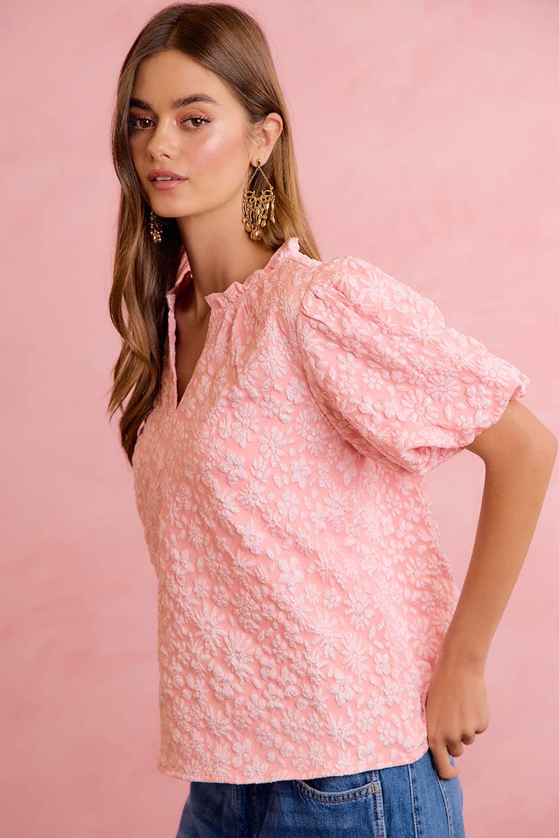 FLORAL PATTERN TEXTURE SLEEVES RUFFLED V-NECK TOP