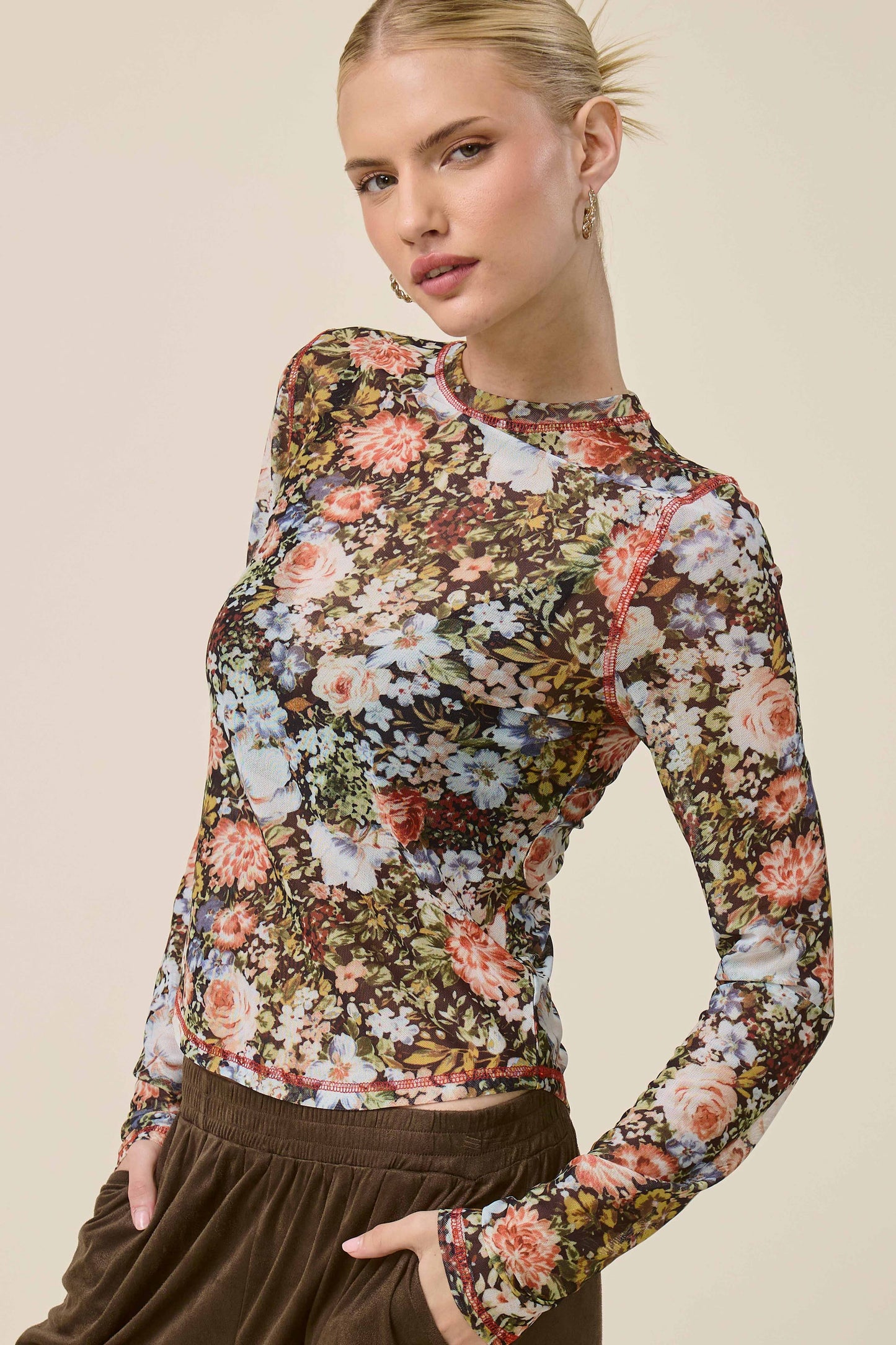 JCT7700-Semi Sheer Crew Mock Neck Long Sleeve Mesh Top
