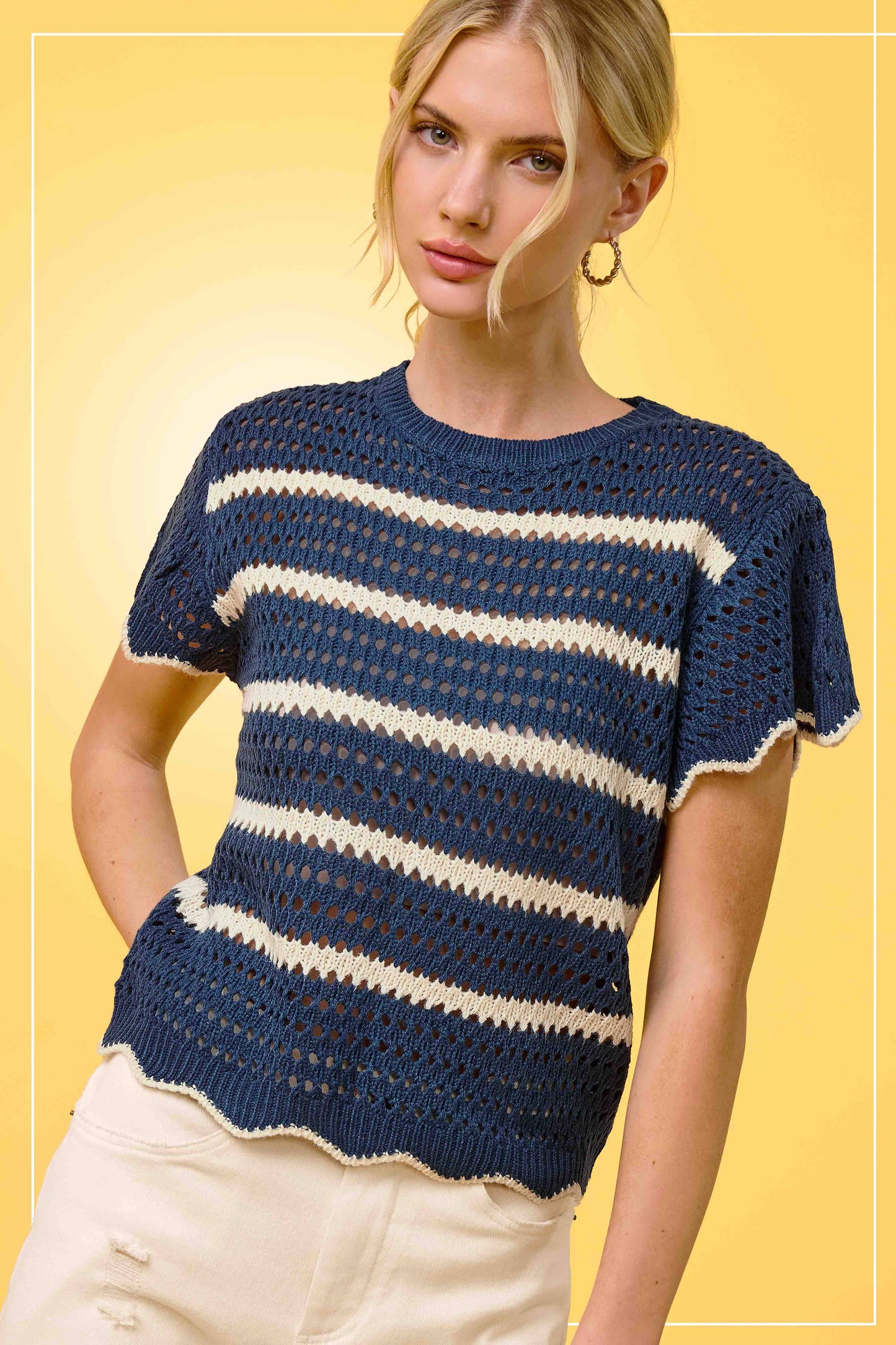 MDS3603-Round Neck Scalloped Edge Short Sleeve Sweater Easte