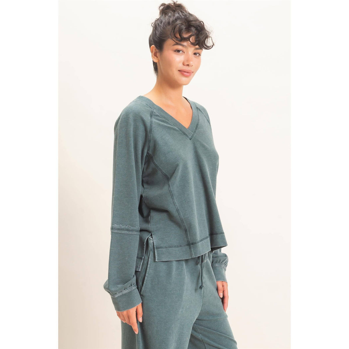 Mineral Wash V-Neck Seam Detail Sweatshirt