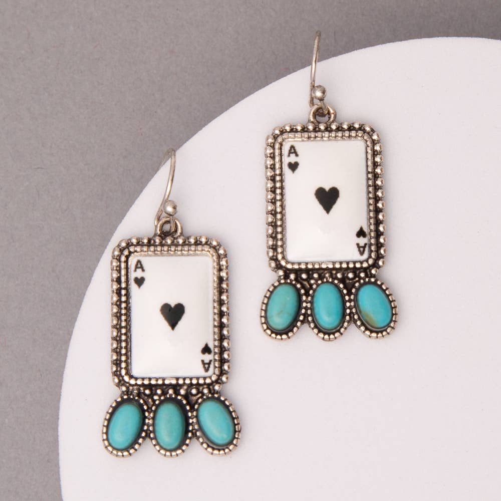Western Turquoise Embellished Ace of Spades Poker Earrings