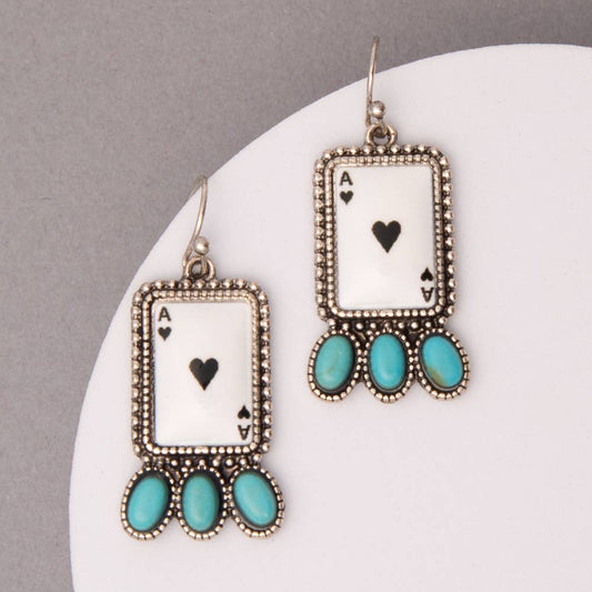 Western Turquoise Embellished Ace of Spades Poker Earrings