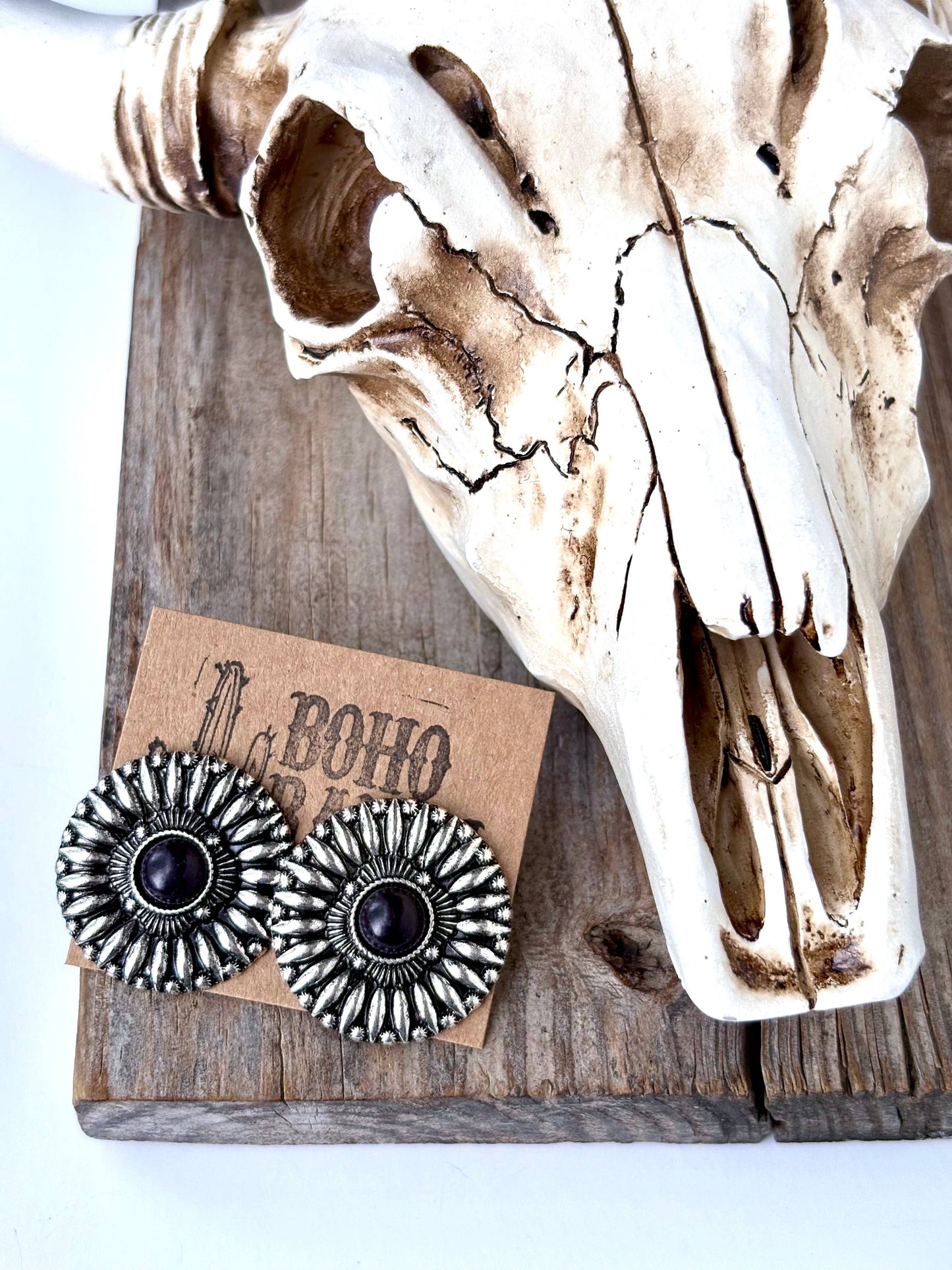 Western Round Concho with Stone Stud Earrings