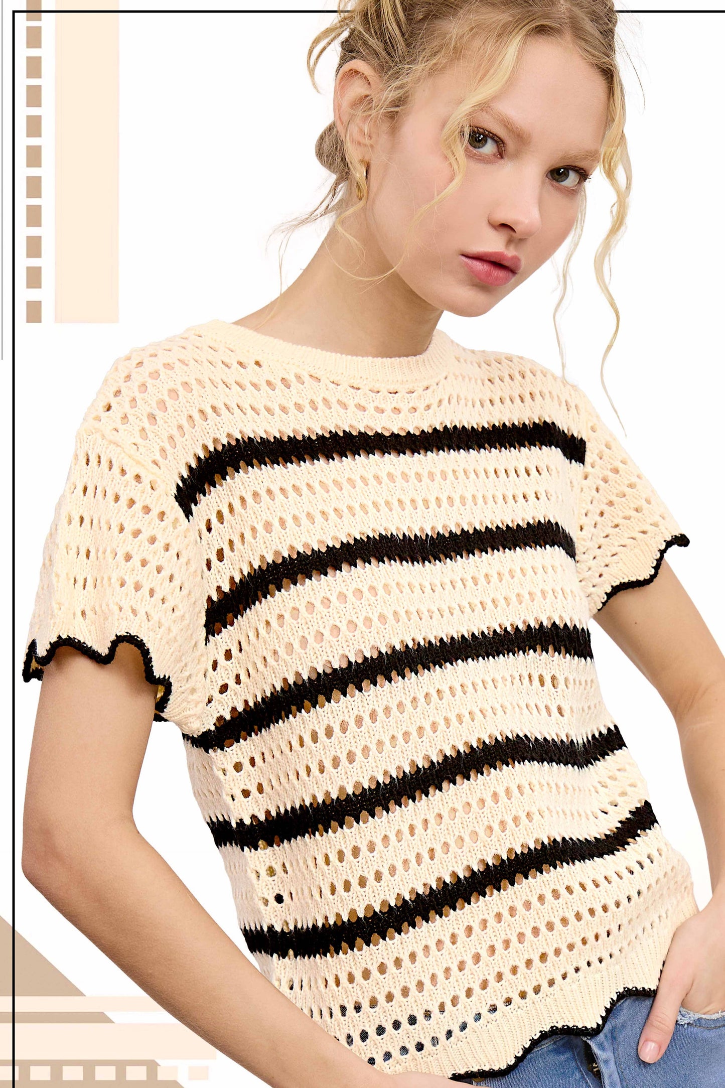 MDS3603-Round Neck Scalloped Edge Short Sleeve Sweater Easte