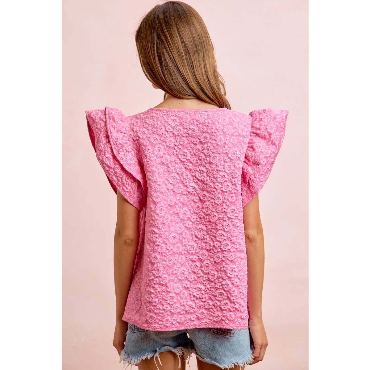 FLOWER JACQUARD RUFFLED NECK DROP BLOUSE TOP