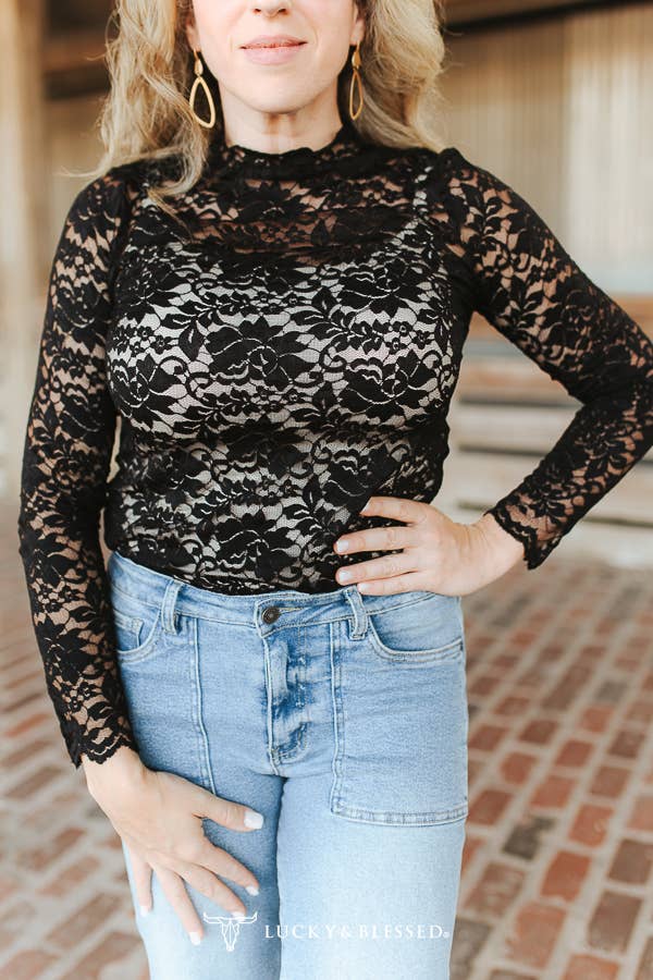 Black Floral Lace Mock Neck Long Sleeve Top