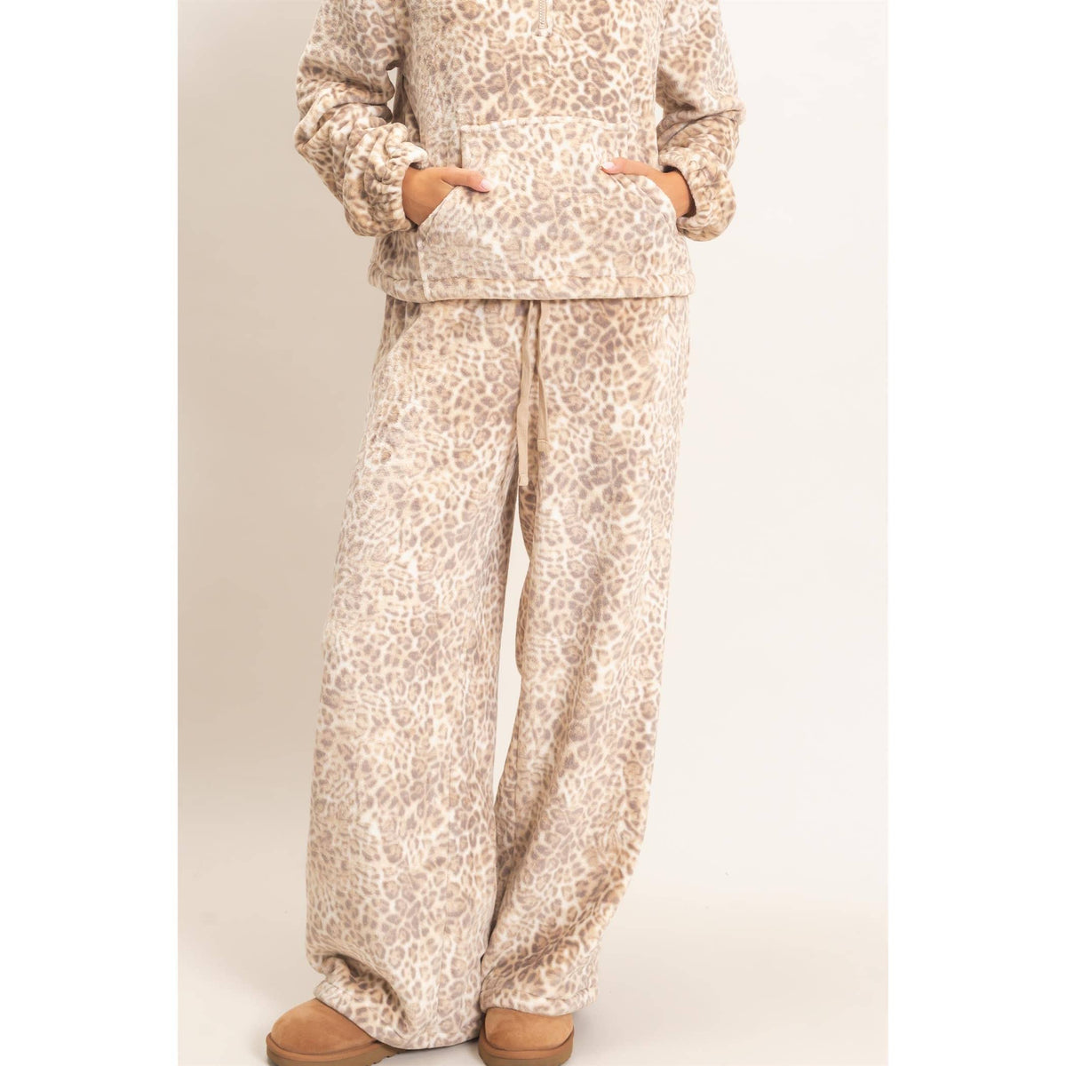 Leopard Print Fleece Wide-Leg Pants