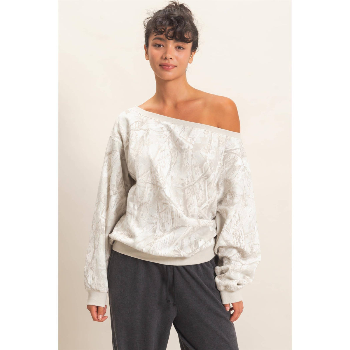 Tree Camouflage Print Off The Shoulder Sweatshirt