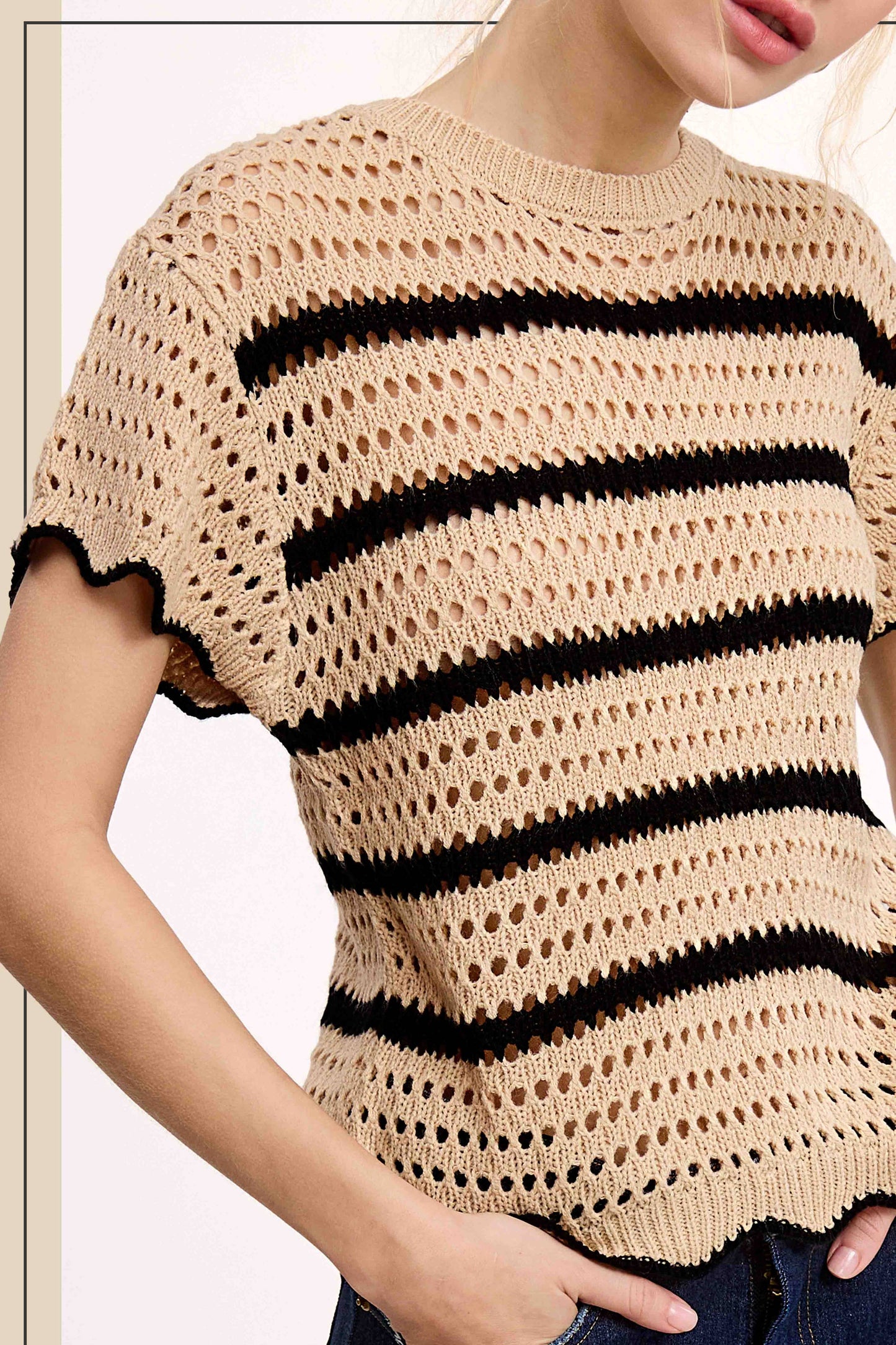 MDS3603-Round Neck Scalloped Edge Short Sleeve Sweater Easte