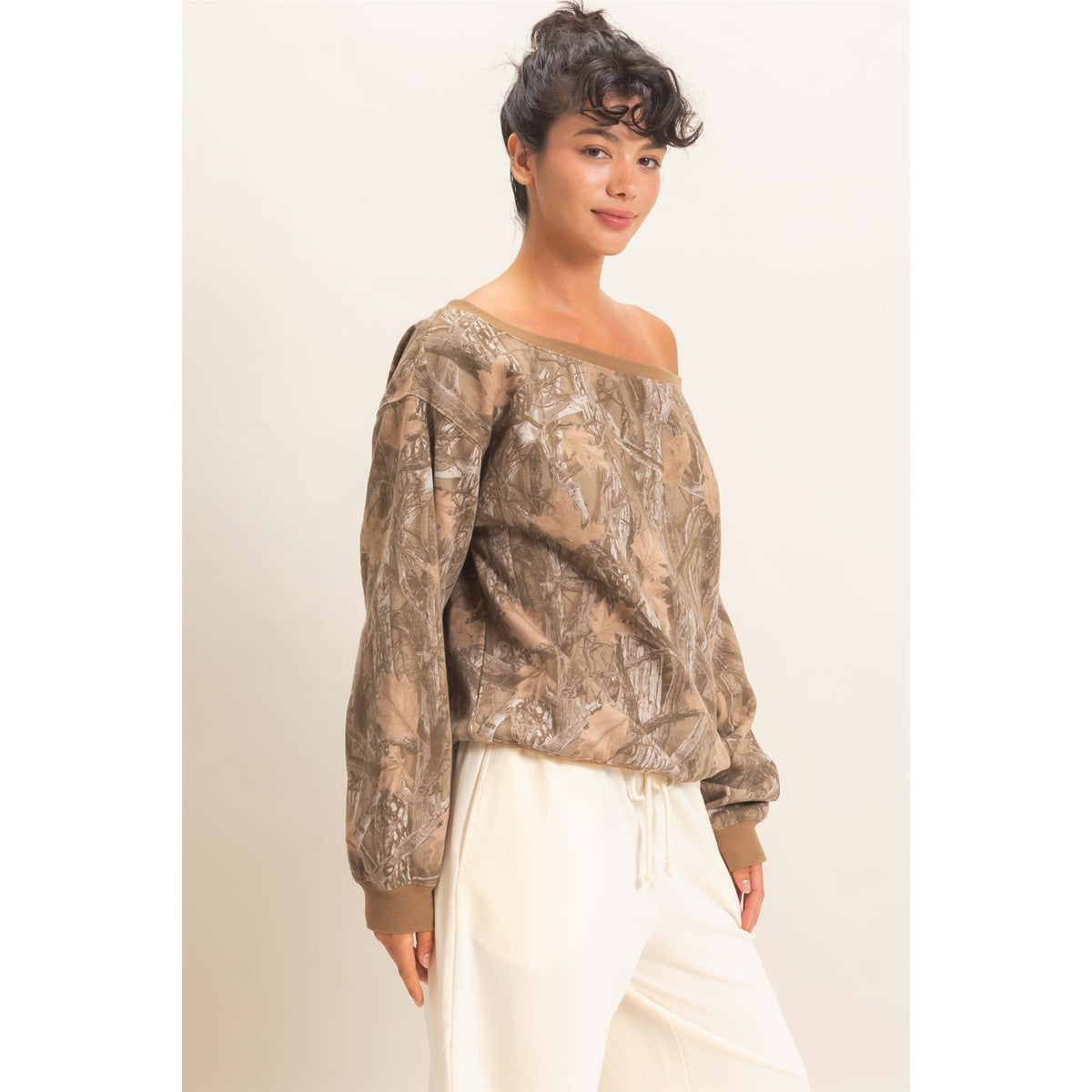 Tree Camouflage Print Off The Shoulder Sweatshirt