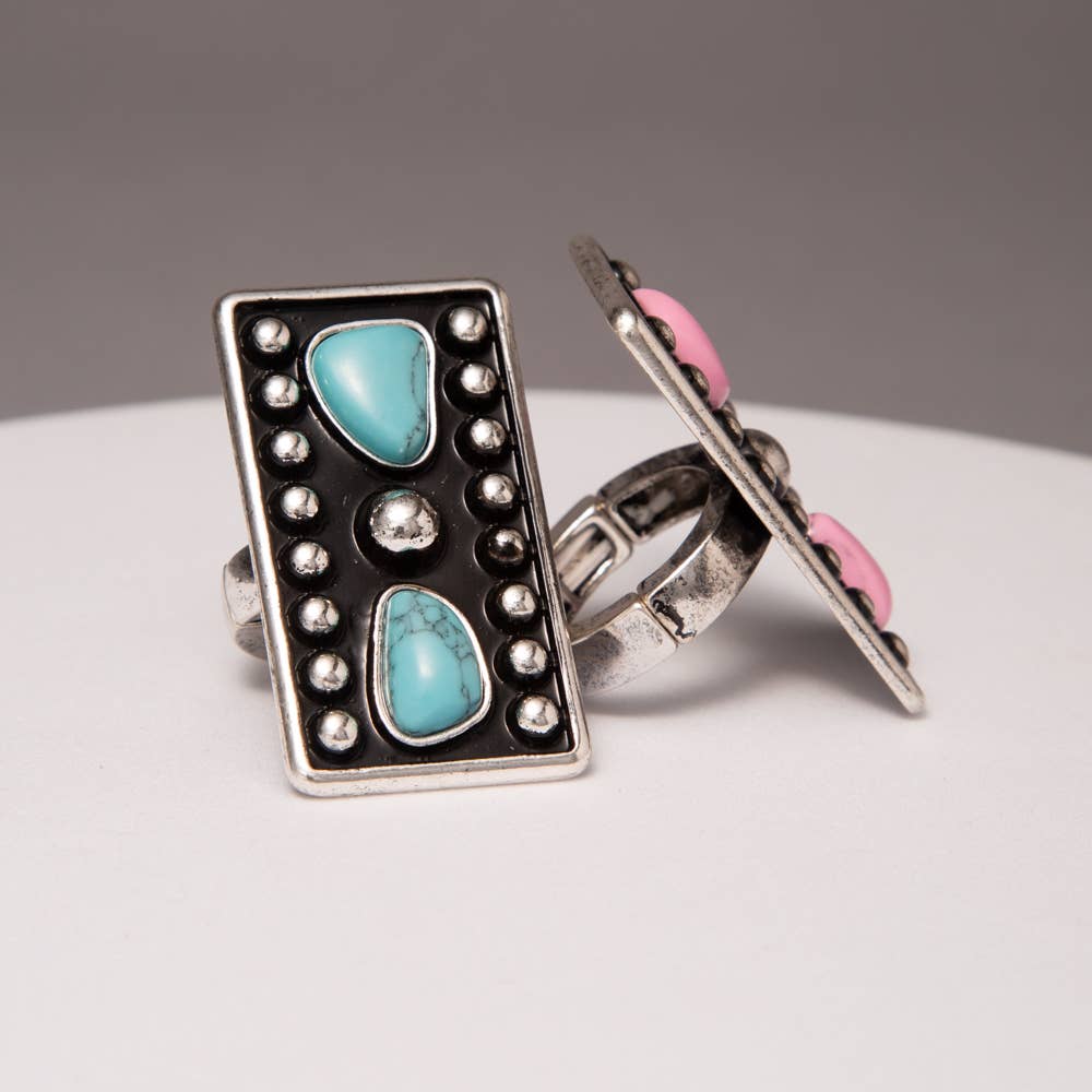 Rectangle Concho Stretch Ring with Pink Stone or Turquoise