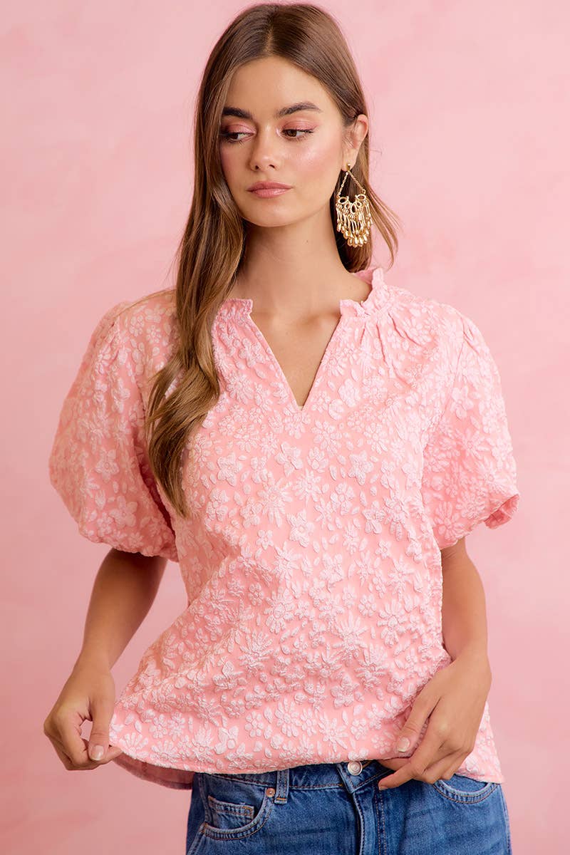 FLORAL PATTERN TEXTURE SLEEVES RUFFLED V-NECK TOP