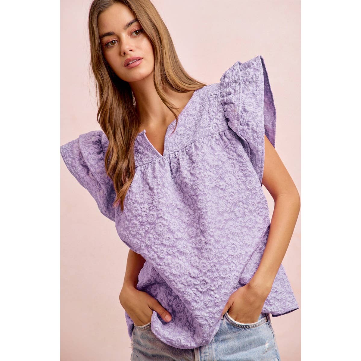 FLOWER JACQUARD RUFFLED NECK DROP BLOUSE TOP