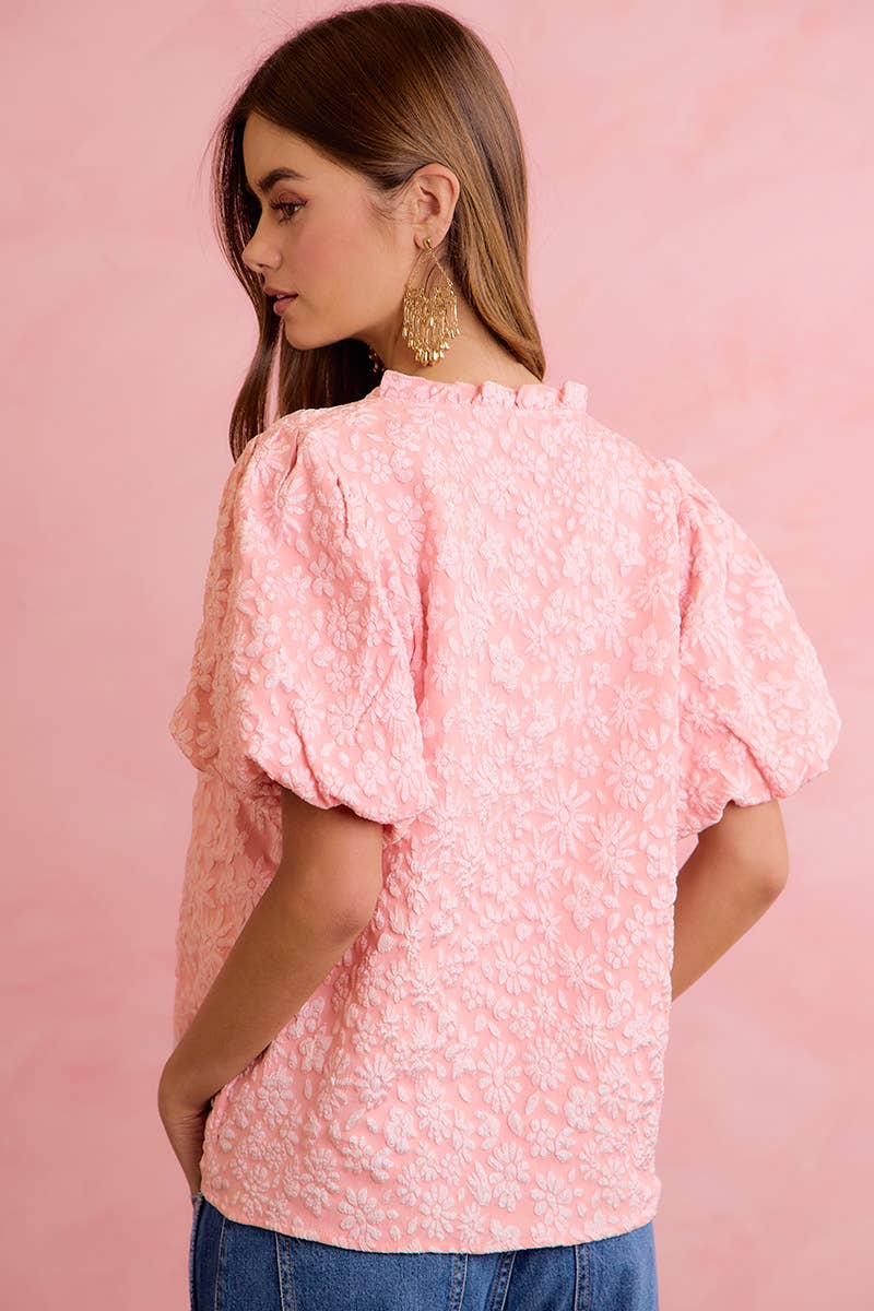 FLORAL PATTERN TEXTURE SLEEVES RUFFLED V-NECK TOP