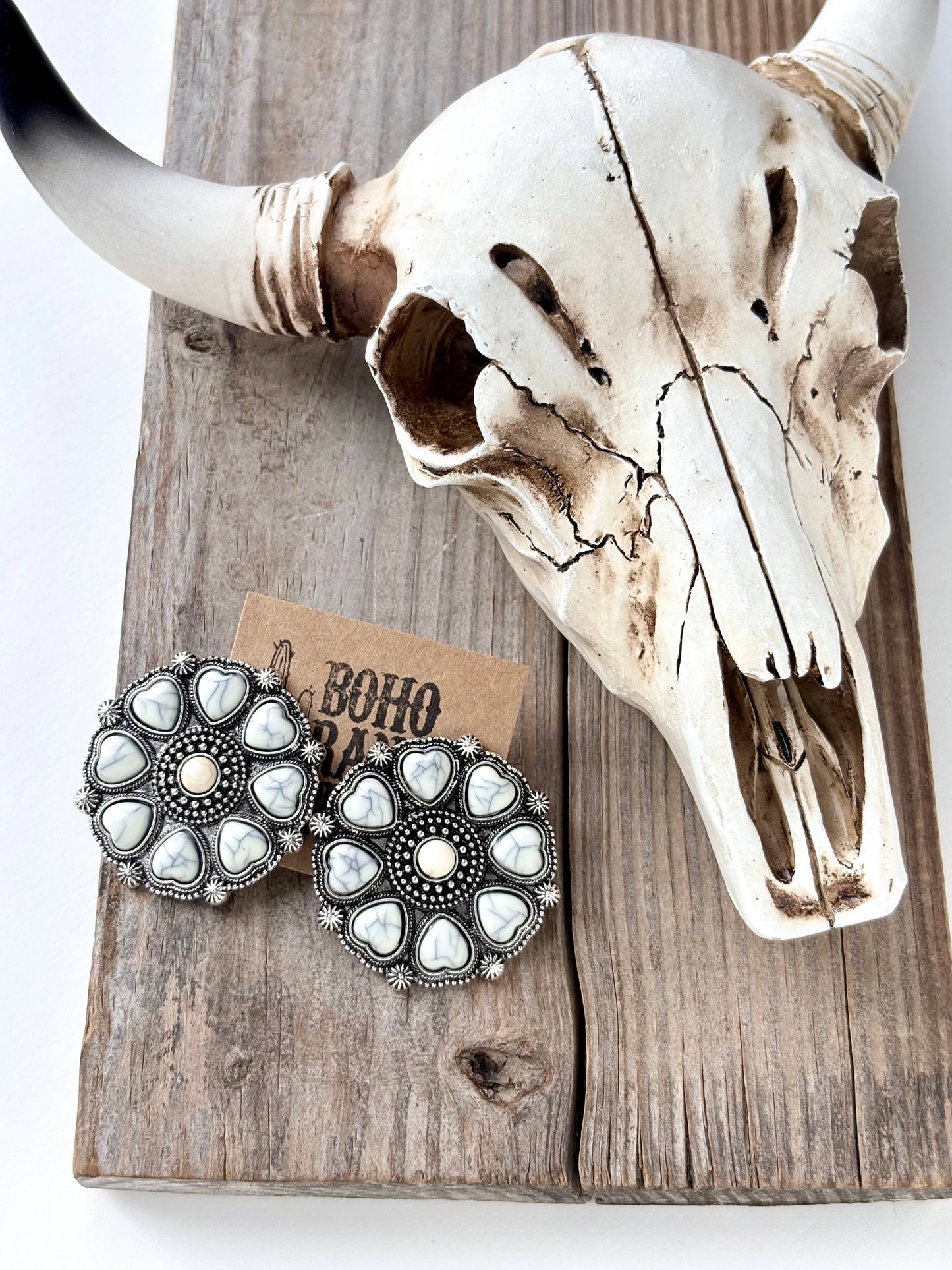 Western Style Heart Stone Concho Statement Stud Earrings