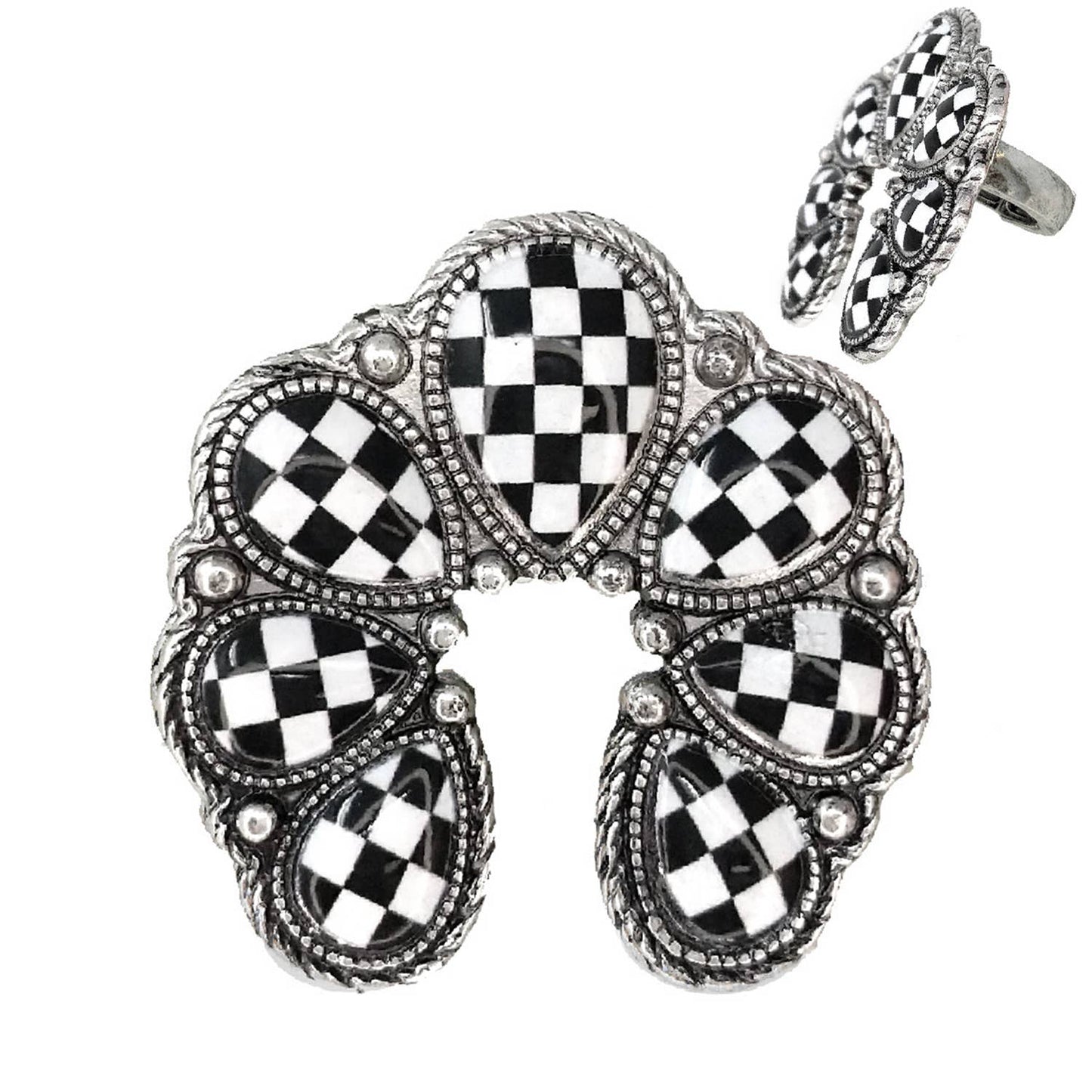 Western Checker Board Squash Blossom Ring