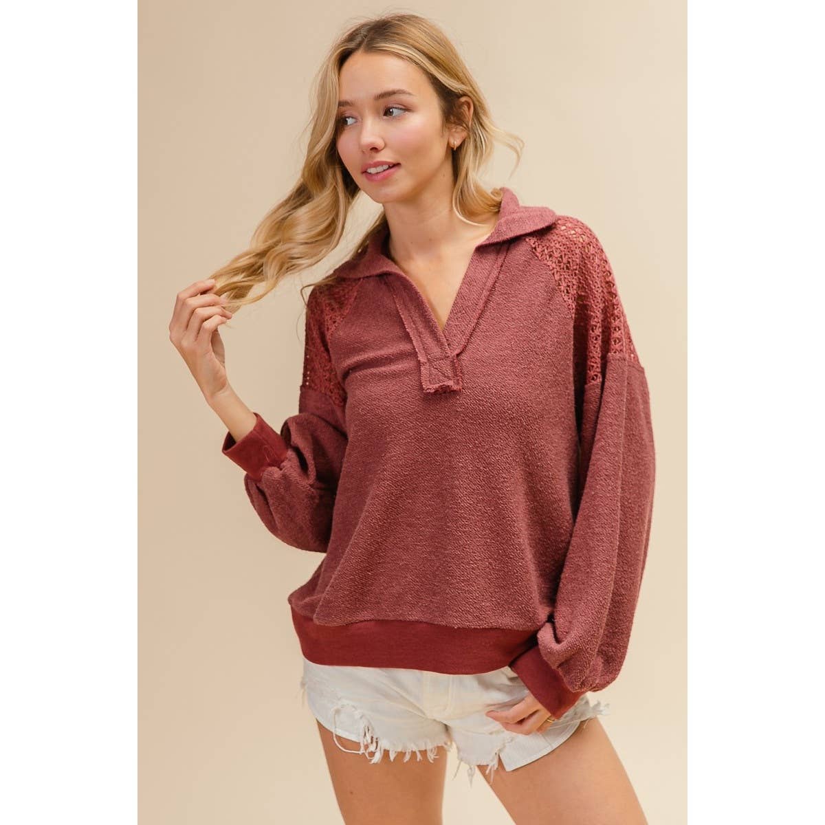 CP FRENCH TERRY LACE SHOULDER TOP