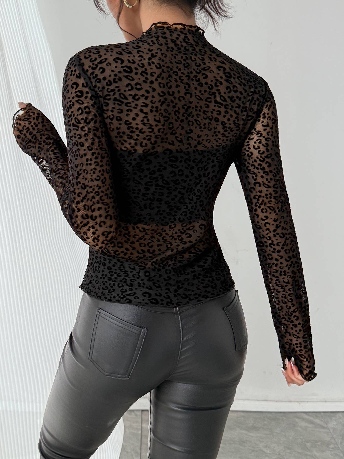 Ruffle Trim Sheer Mesh Long Sleeve Top