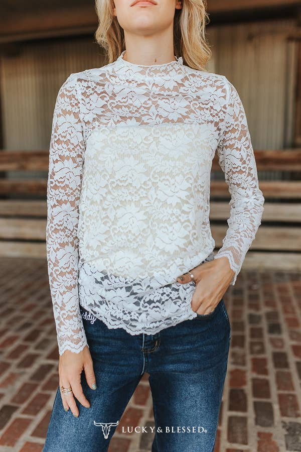 Ivory Floral Lace Mock Neck Long Sleeve Top