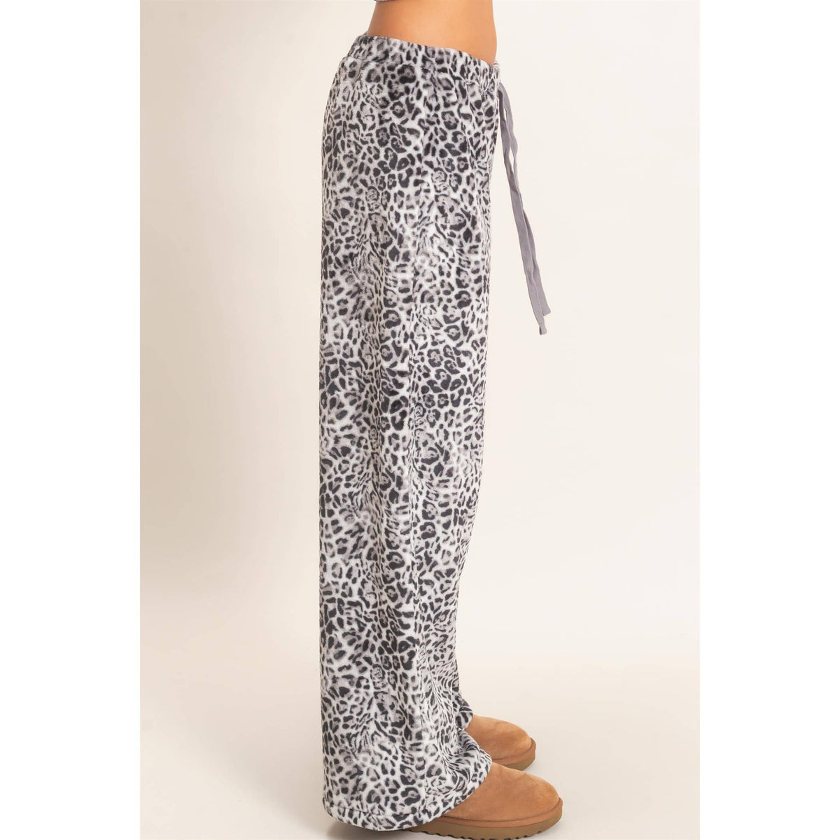 Leopard Print Fleece Wide-Leg Pants