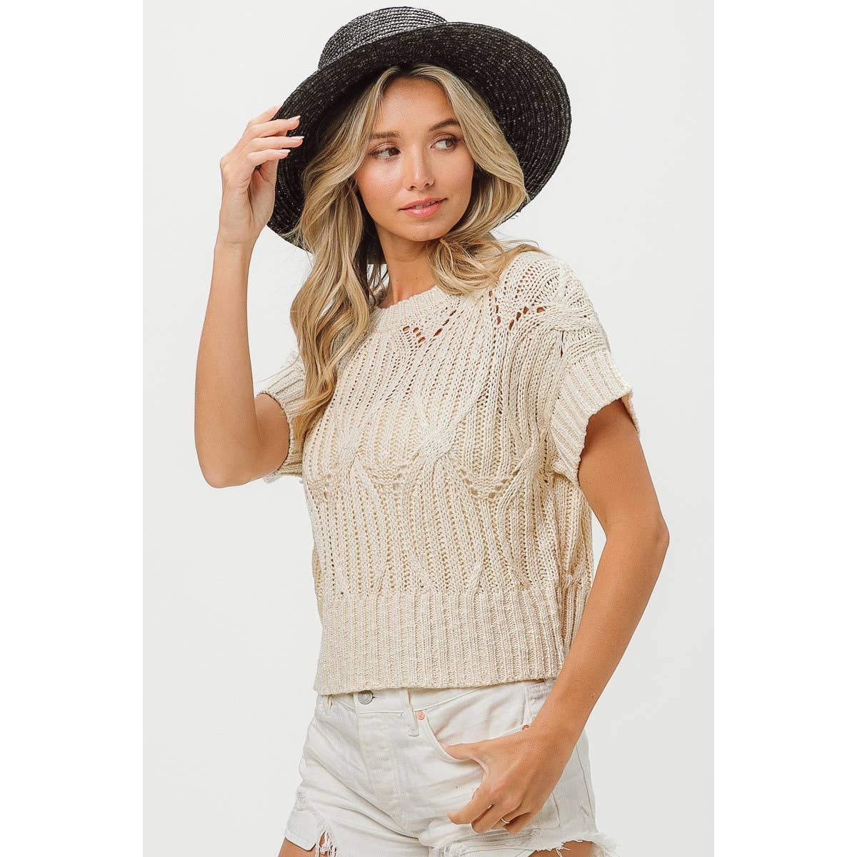 CABLE TEXTURE OPEN KNIT SWEATER TOP