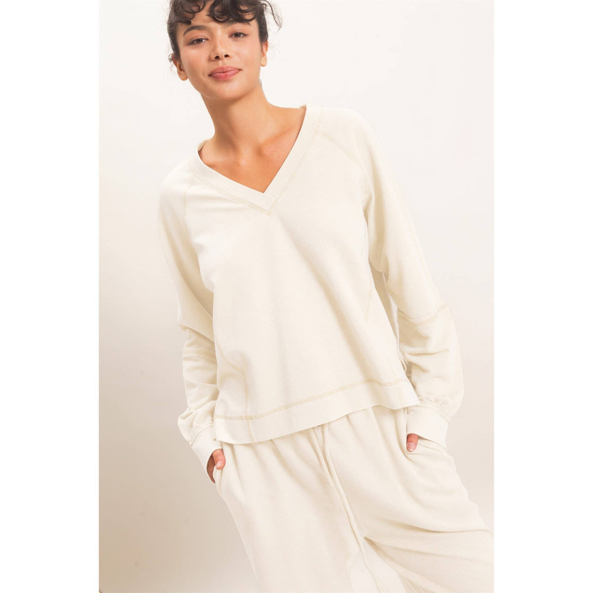 Mineral Wash V-Neck Seam Detail Sweatshirt
