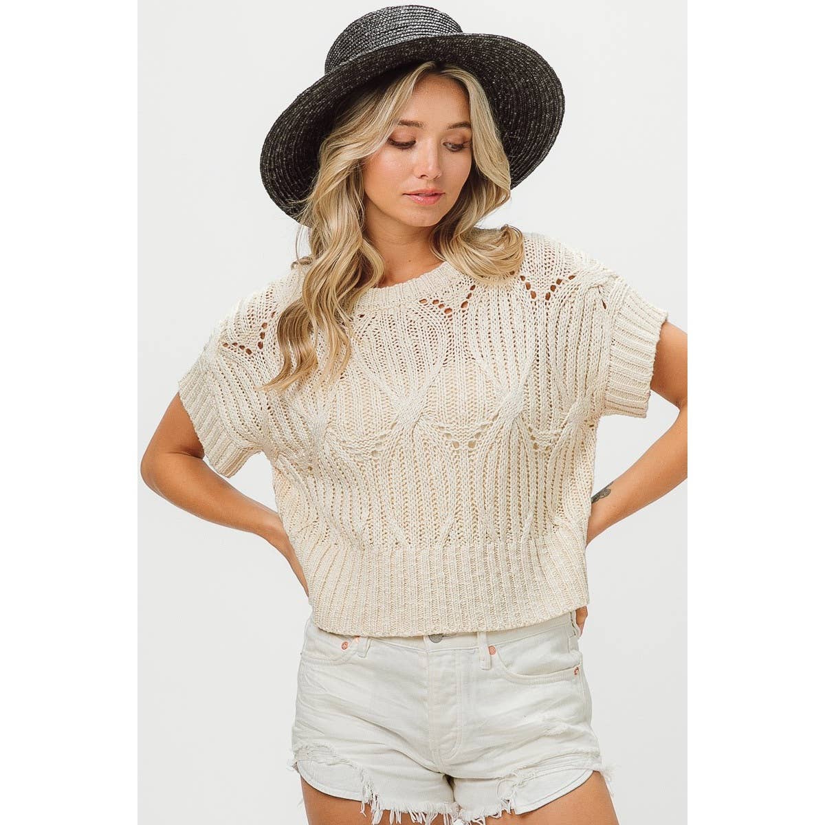 CABLE TEXTURE OPEN KNIT SWEATER TOP
