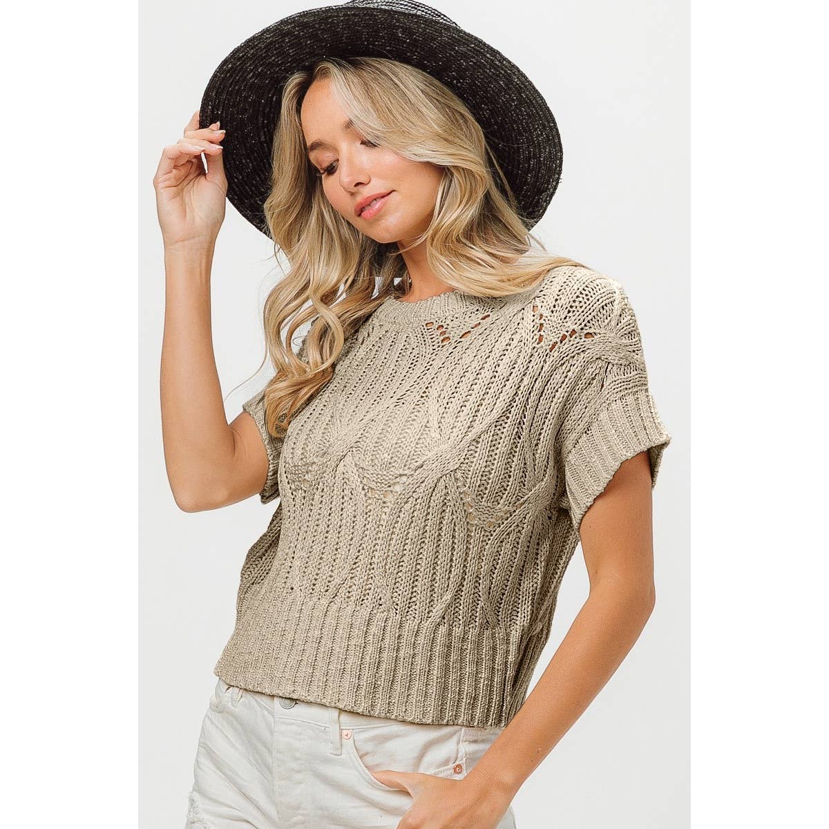 CABLE TEXTURE OPEN KNIT SWEATER TOP