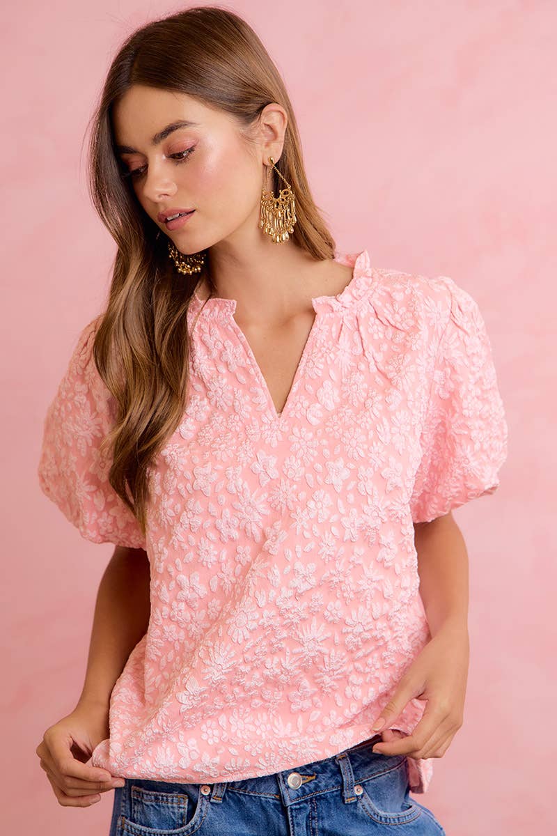 FLORAL PATTERN TEXTURE SLEEVES RUFFLED V-NECK TOP