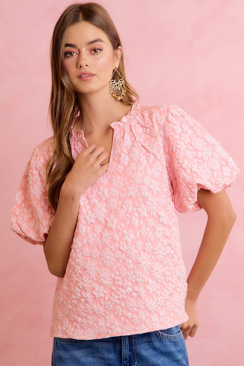 FLORAL PATTERN TEXTURE SLEEVES RUFFLED V-NECK TOP