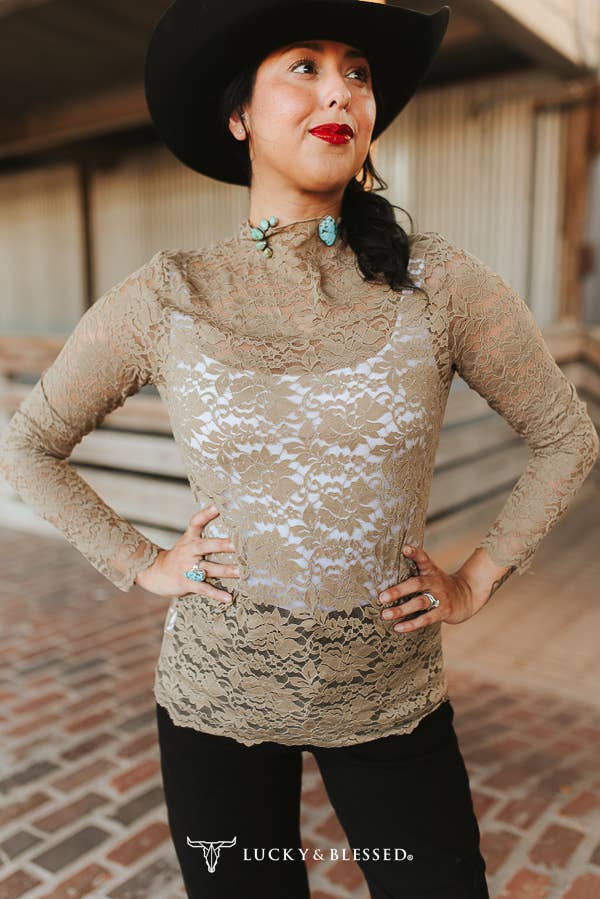 Taupe Floral Lace Mock Neck Long Sleeve Top