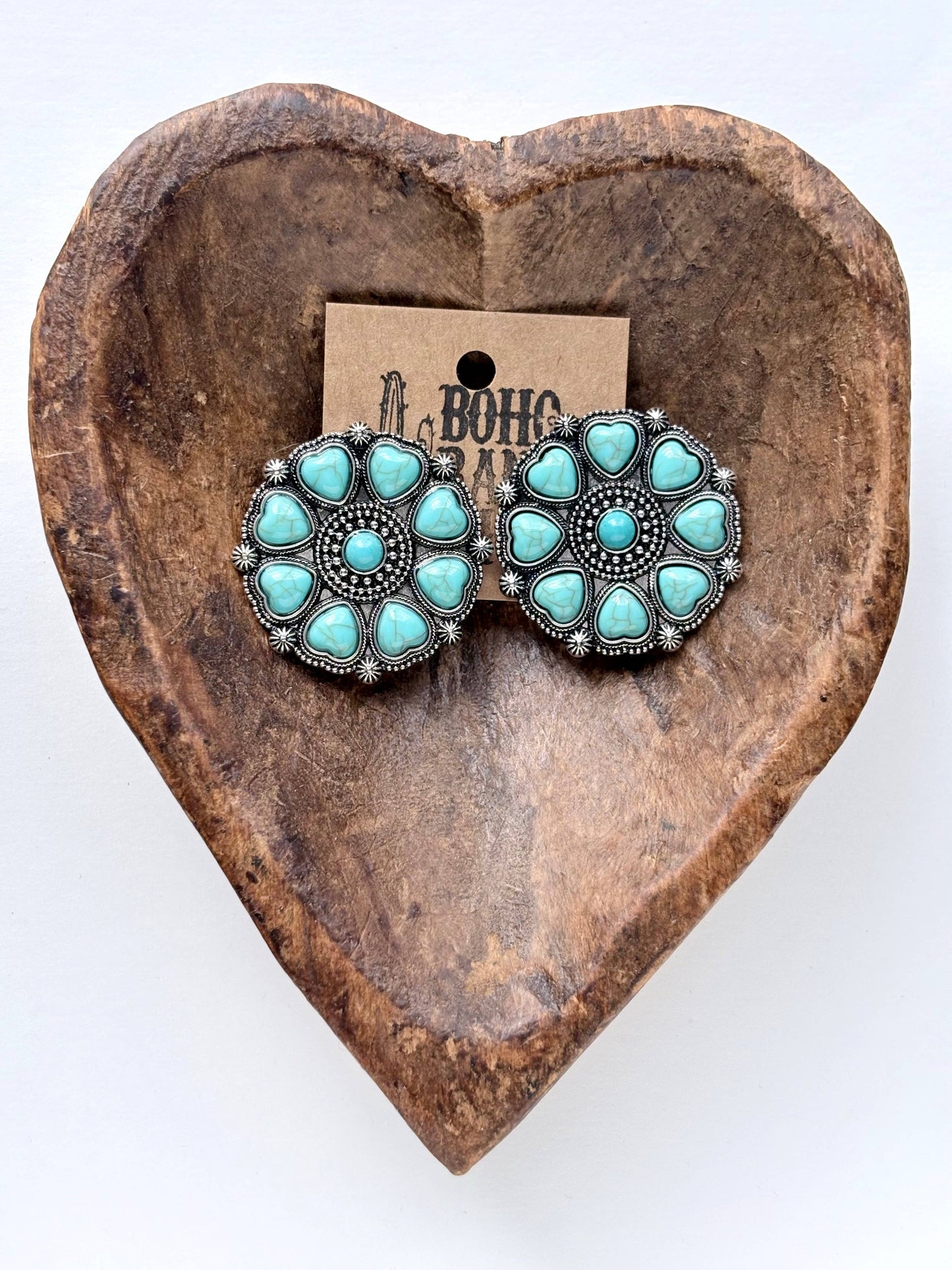 Western Style Heart Stone Concho Statement Stud Earrings