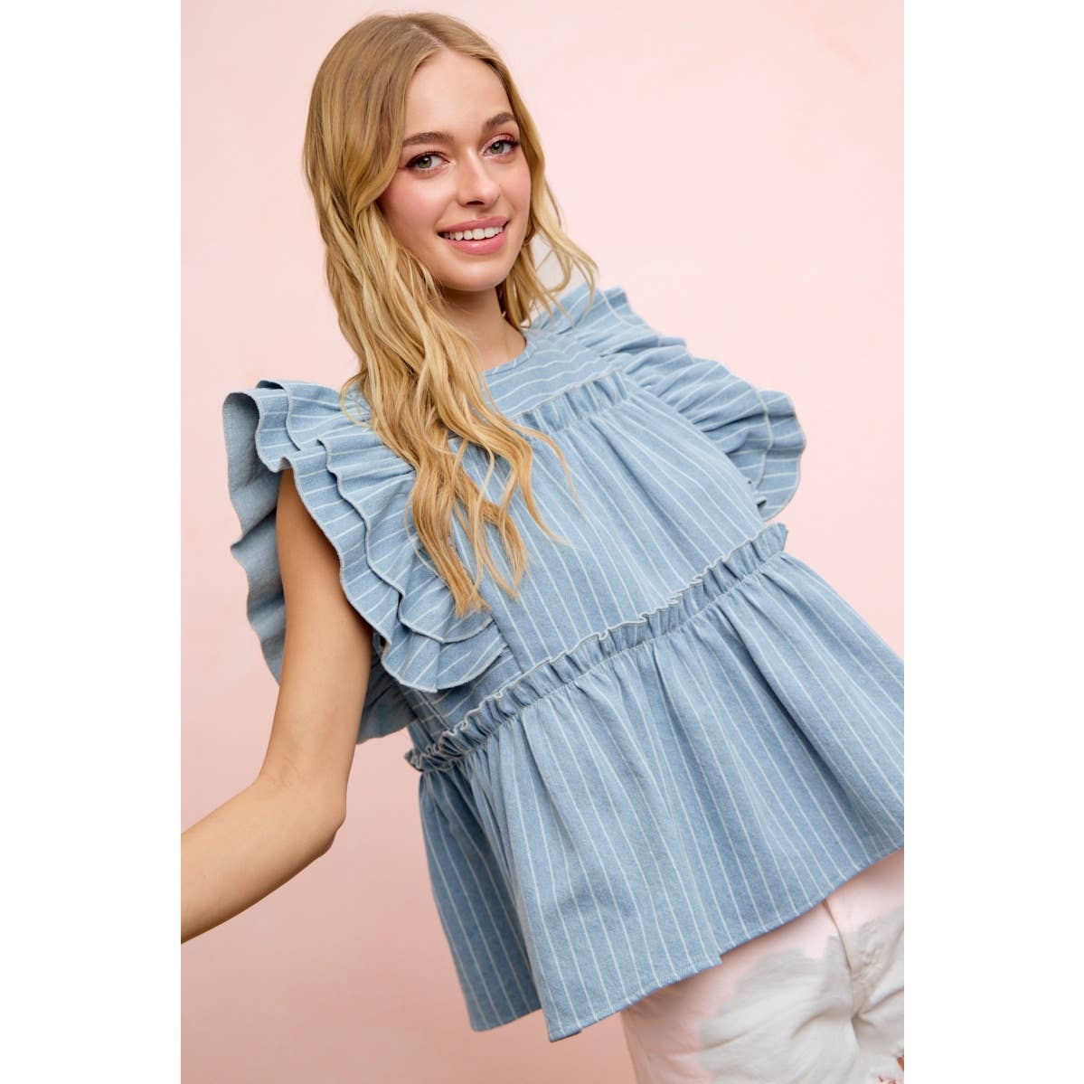 STRIPE DENIM RUFFLE SLEEVES TOP WITH BACK KEY HOLE