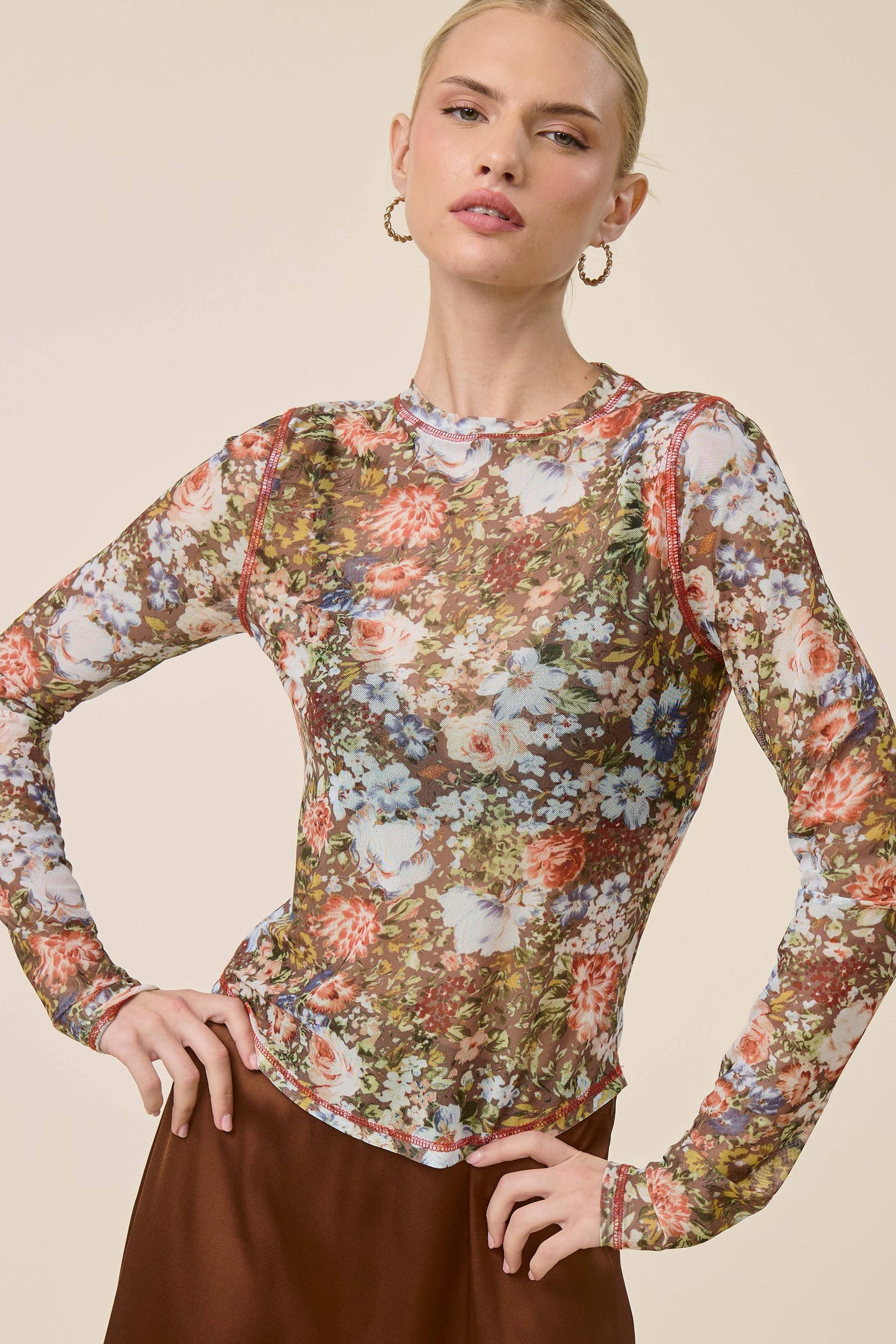 JCT7700-Semi Sheer Crew Mock Neck Long Sleeve Mesh Top
