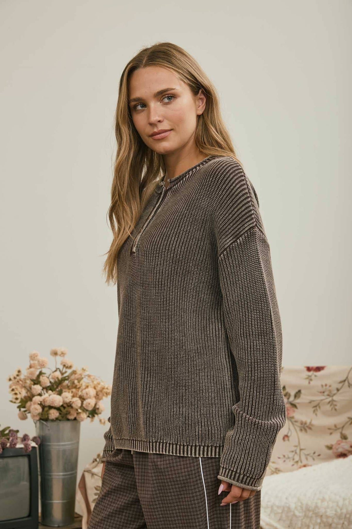 WASHED RIBBED HENLEY DROP SHOULDER KNIT SWEATER