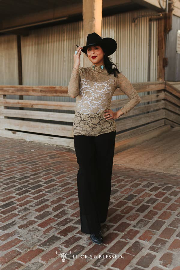 Taupe Floral Lace Mock Neck Long Sleeve Top