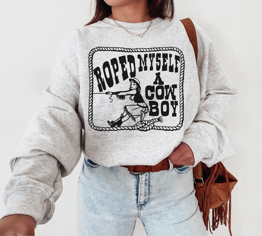 ROPED A COWBOY CREW or TEE